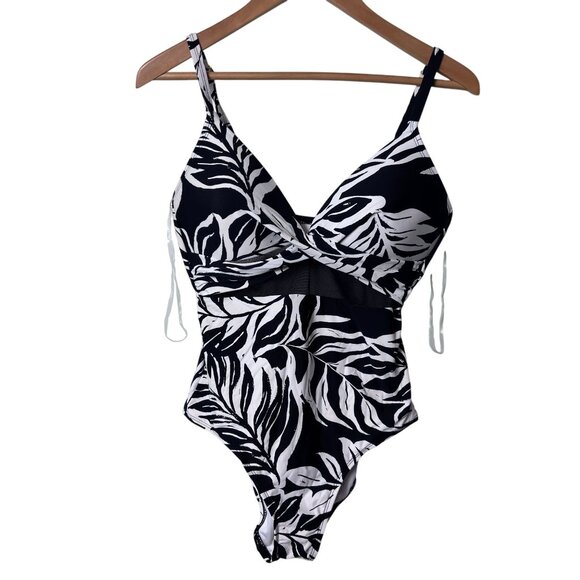 Womens One-Piece Black & White Tropical Leaf Print Swimsuit With Adjustable Stra - Picture 1 of 8